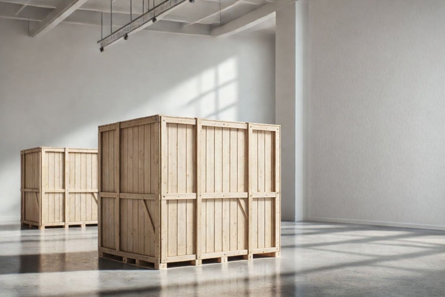 To store trekasser står på pallar i eit lyst, tomt utstillingsrom, klart for internasjonal frakt.